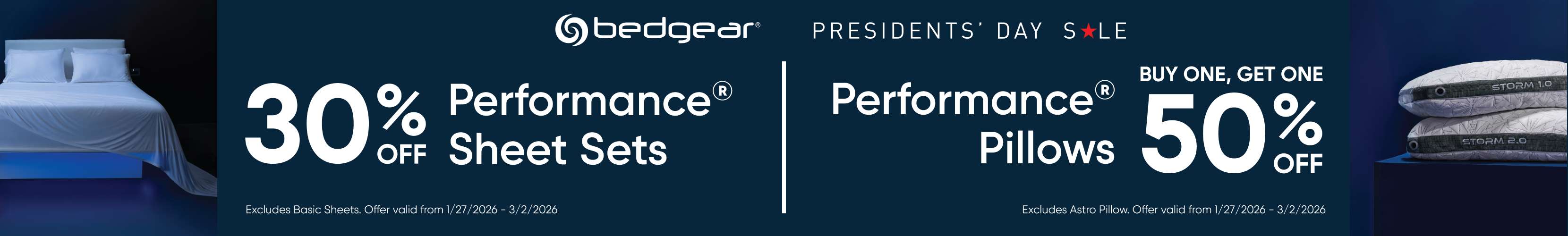 bedgear Presidents' Day Sale: 30% off Performance Sheet Sets, 50% off Performance Pillows.

