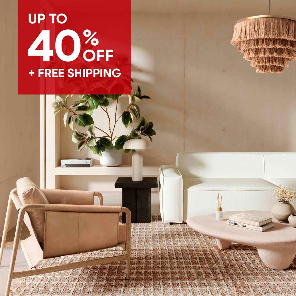 Up to 40% off + free shipping. Interior of a modern living room with furniture.
