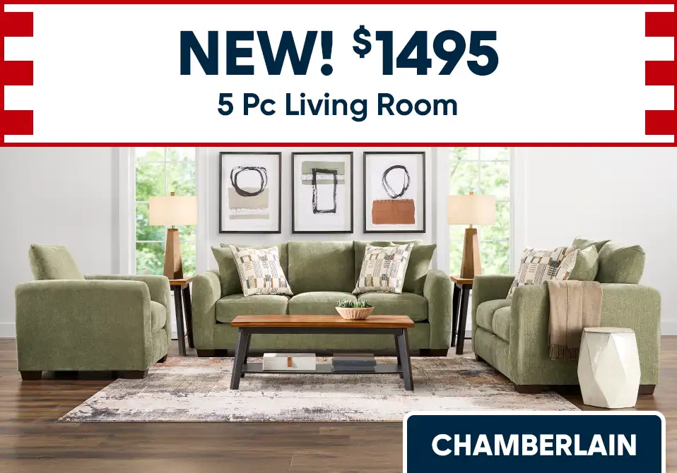 NEW! $1495 5 Pc Living Room. A green living room set with a sofa, two chairs, and a coffee table.
