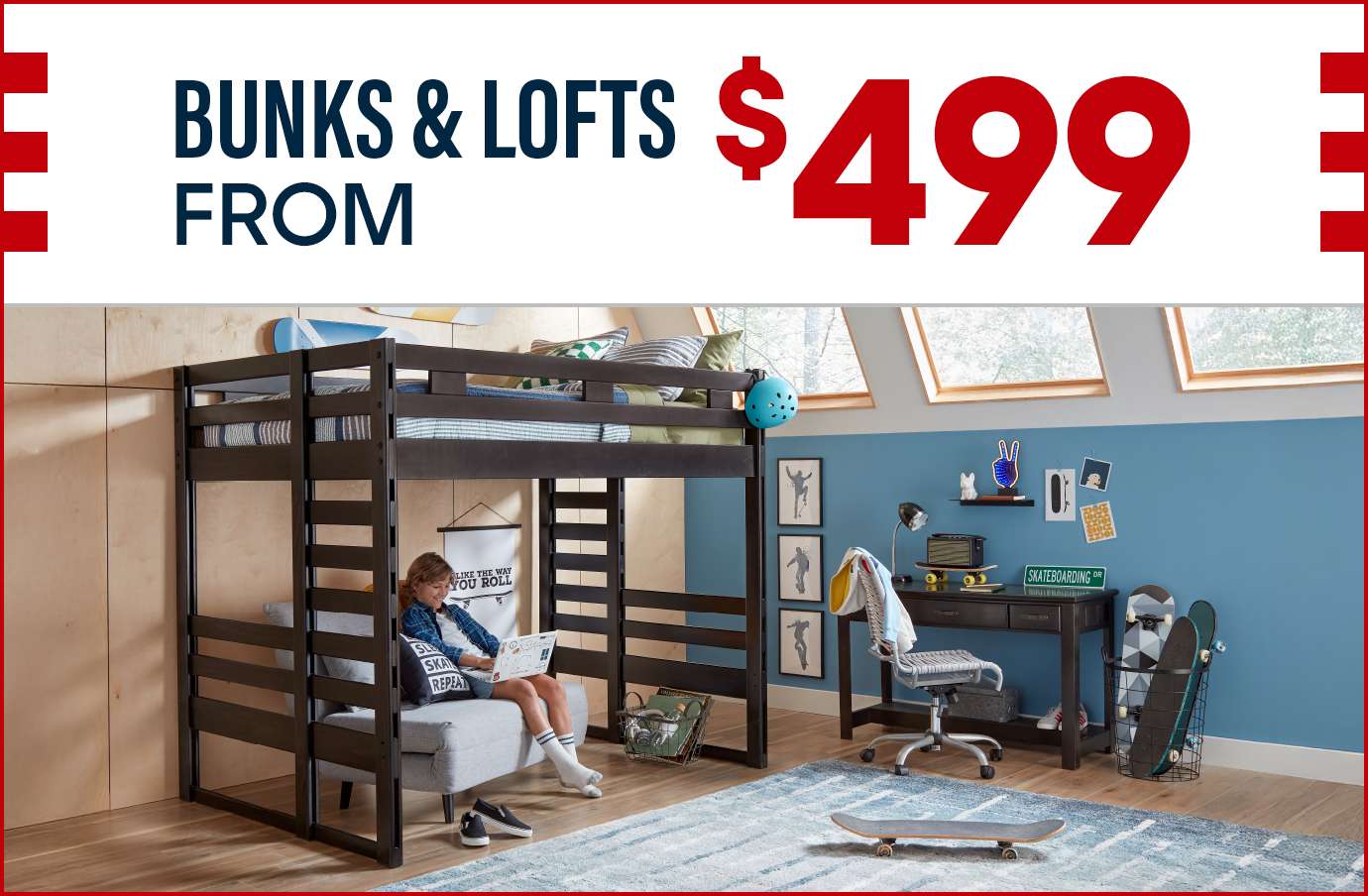 Bunks & Lofts from $499. A bunk bed with a desk and a boy sitting on a sofa.
