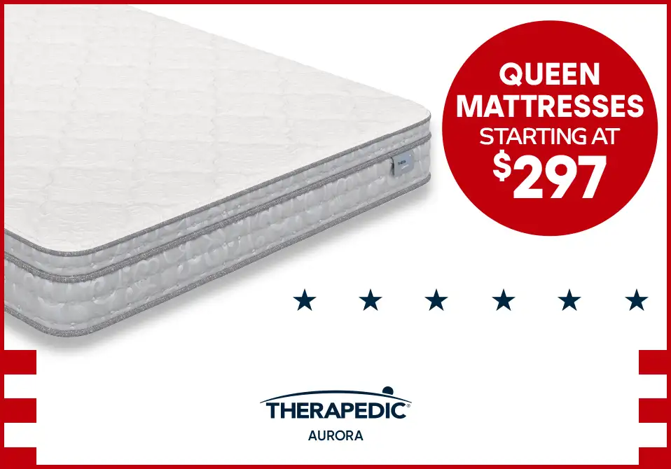 Queen mattresses starting at $297. A white mattress with a gray border.
