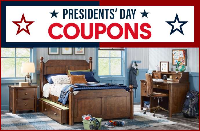 PRESIDENTS' DAY COUPONS. Bedroom furniture set with a bed, nightstand, and desk.