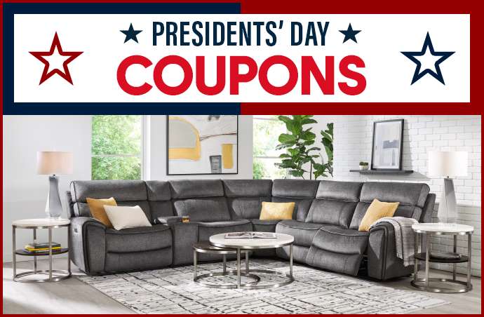 PRESIDENTS' DAY COUPONS. A gray sectional sofa with side tables and a rug.
