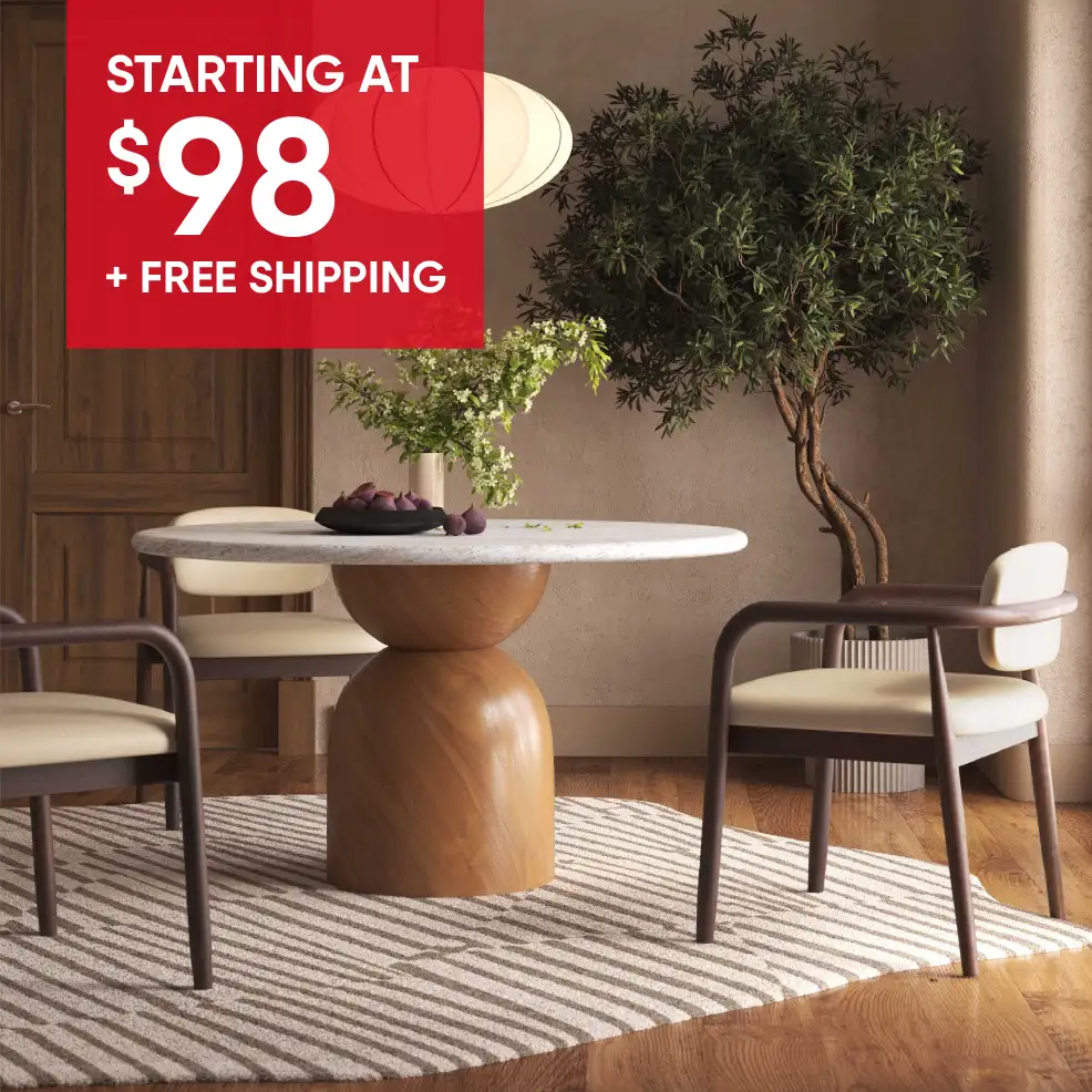 STARTING AT $98 + FREE SHIPPING. A dining table with chairs and a rug.