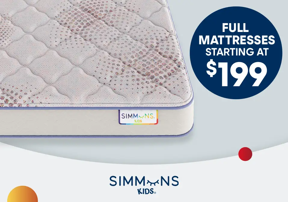FULL MATTRESSES STARTING AT $199. Mattress with a colorful pattern.
