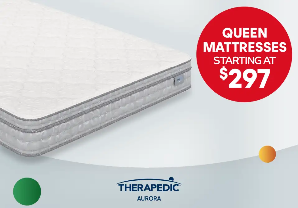 QUEEN MATTRESSES STARTING AT $297. A white mattress with a gray border.
