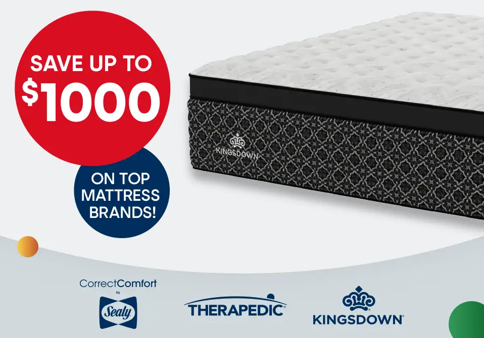Save up to $1000 on top mattress brands! Includes Sealy, Therapedic, and Kingsdown.
