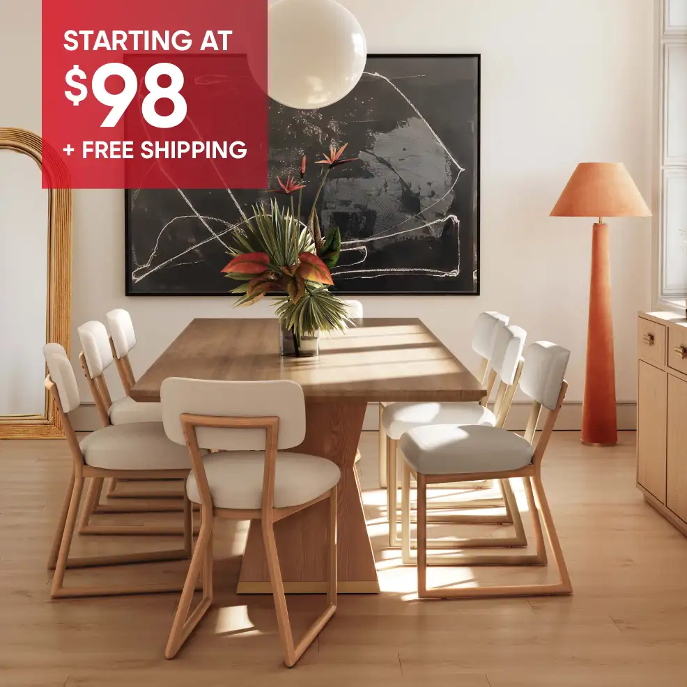 STARTING AT $98 + FREE SHIPPING. A dining room set with a wooden table and chairs.

