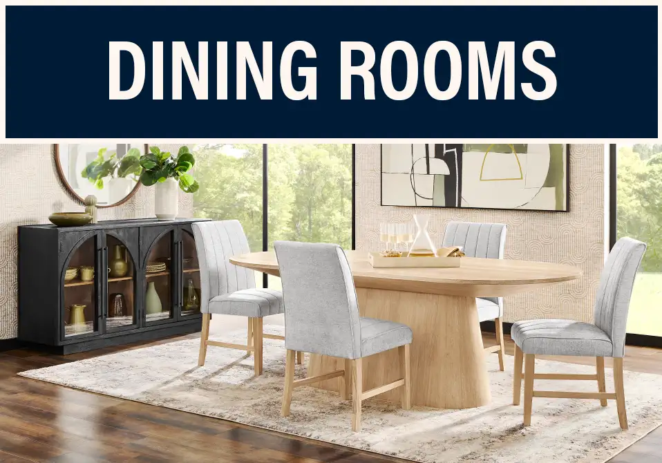 DINING ROOMS. A dining room set with a table, chairs, and a sideboard.