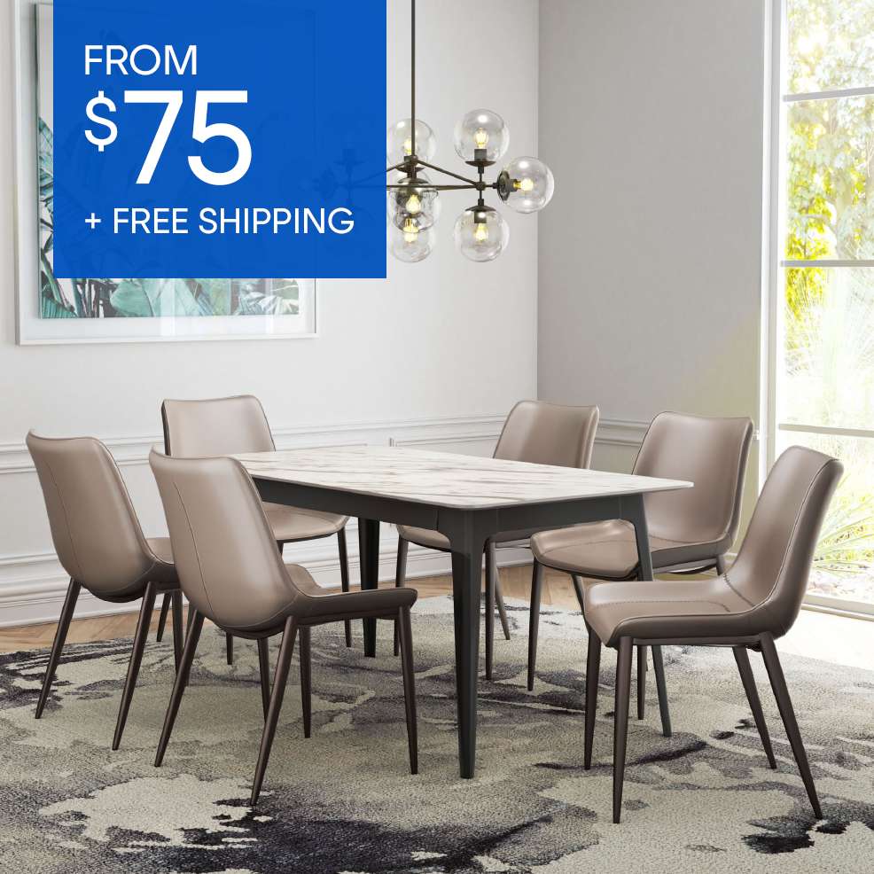 FROM $75 + FREE SHIPPING. Dining room set with a table, chairs, and a chandelier.
