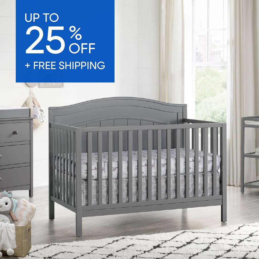 Up to 25% off + Free Shipping. A gray crib in a nursery.

