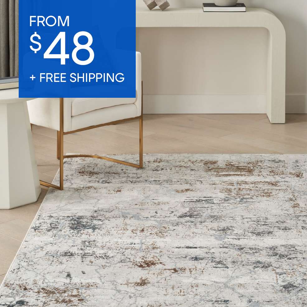 FROM $48 + FREE SHIPPING. A rug with a distressed pattern.
