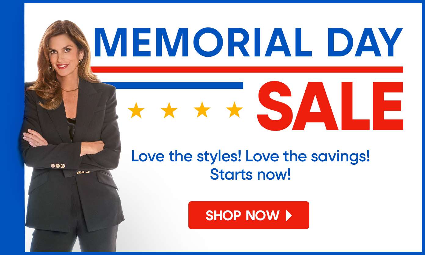 MEMORIAL DAY SALE. A woman in a suit. "Shop Now" button.
