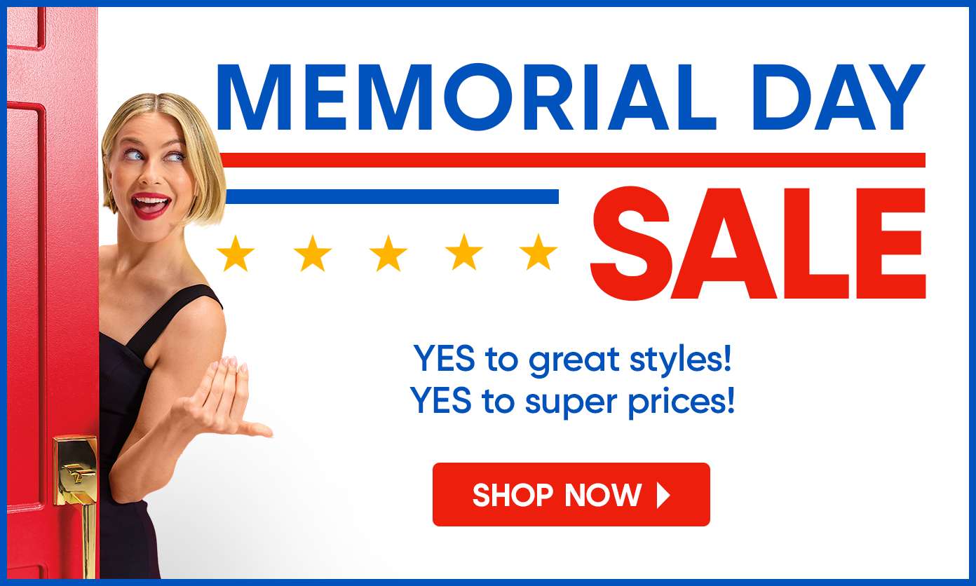MEMORIAL DAY SALE. Woman opening a red door, inviting to shop.
