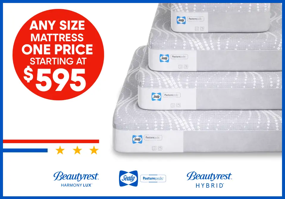 Any size mattress one price starting at $595. Image of stacked mattresses with Sealy and Beautyrest branding.
