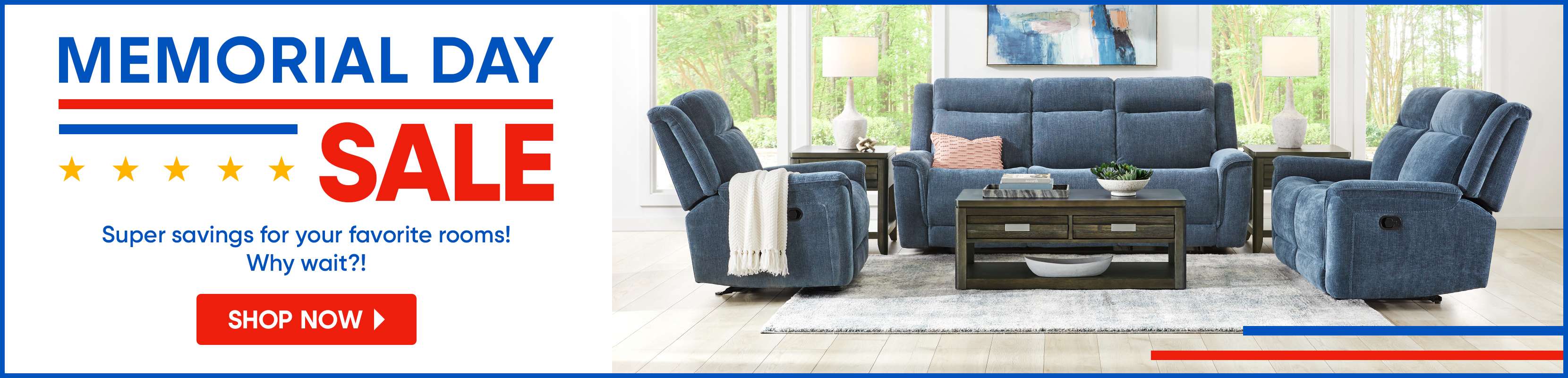 MEMORIAL DAY SALE. Blue furniture set in a living room.
