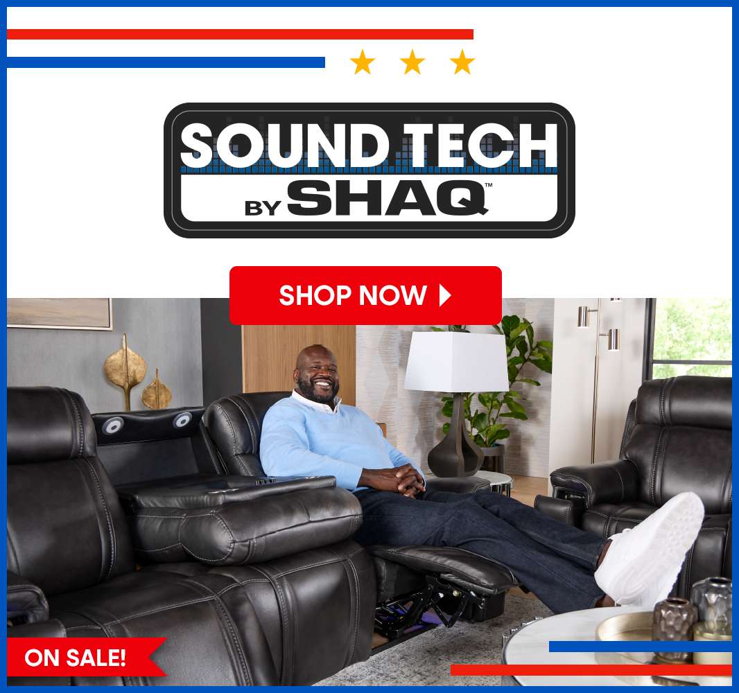 SOUND TECH by SHAQ. Shop Now. On Sale! A man is sitting on a black recliner.
