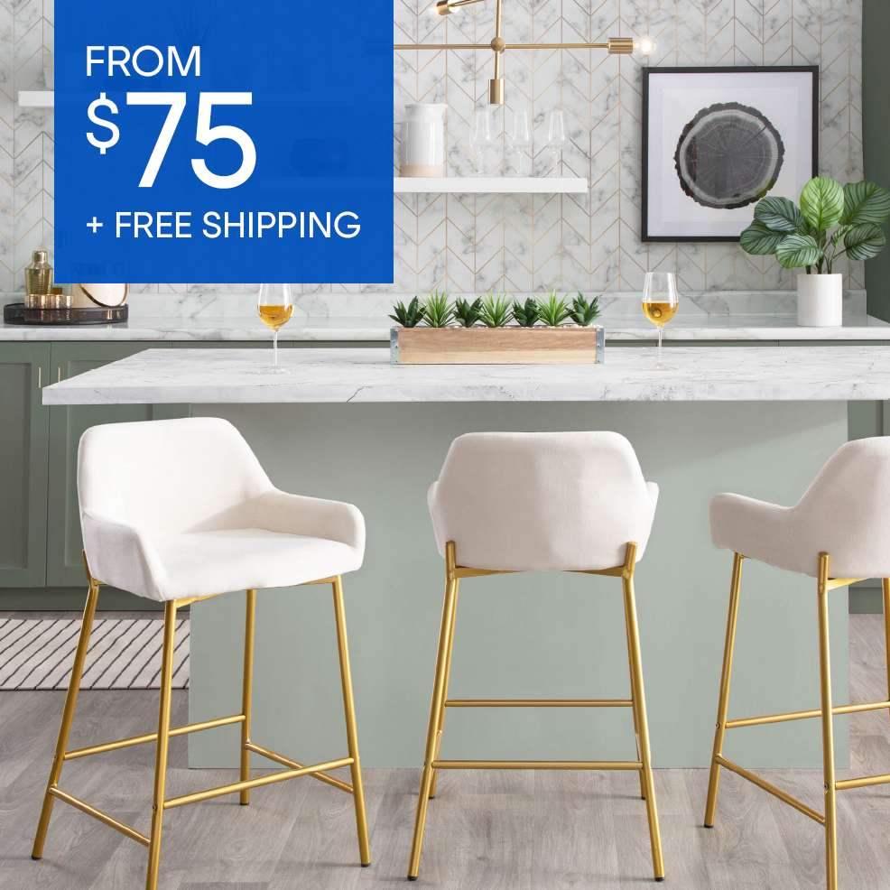 FROM $75 + FREE SHIPPING. Three white and gold bar stools in a kitchen.
