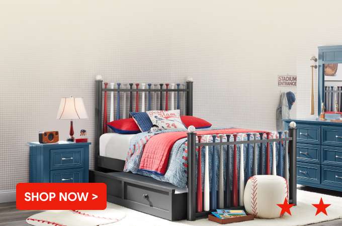 SHOP NOW > Baseball-themed bedroom set.
