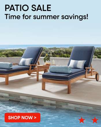 PATIO SALE Time for summer savings! Two blue chaise lounges by a pool.
