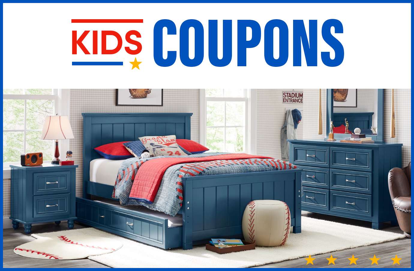 KIDS COUPONS. A bedroom set with a blue bed, dresser, and nightstand.
