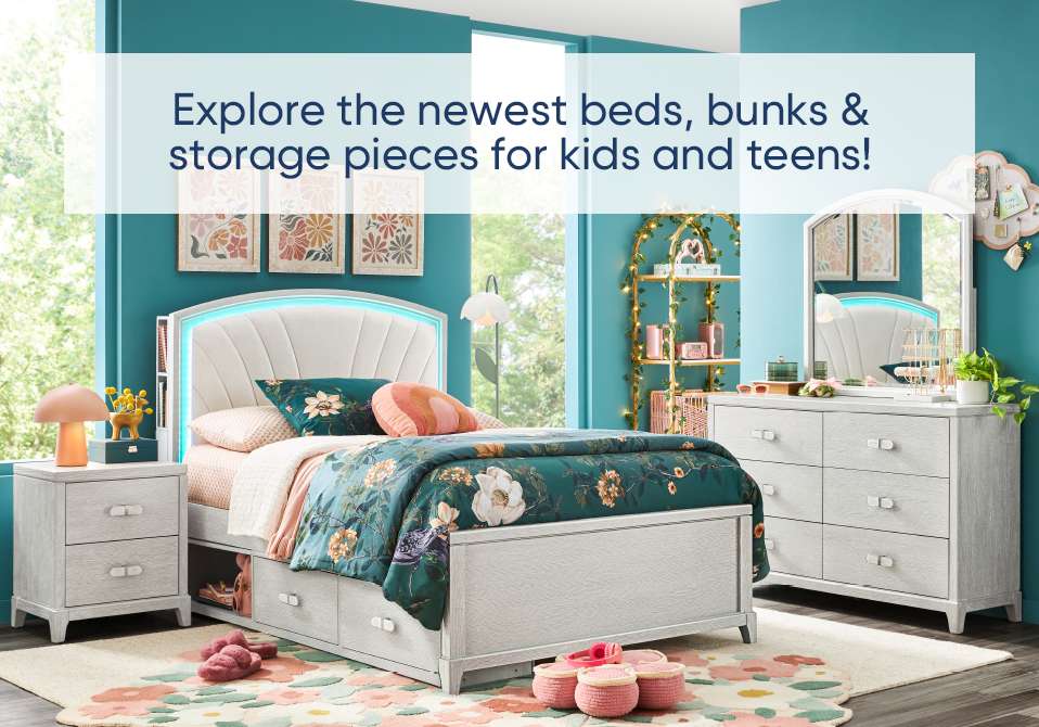 Explore the newest beds, bunks & storage pieces for kids and teens! A bedroom set with a bed, nightstand, and dresser.
