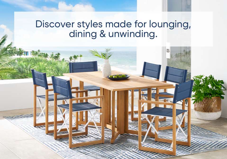 Discover styles made for lounging, dining & unwinding. Outdoor dining set with a wooden table and blue chairs.

