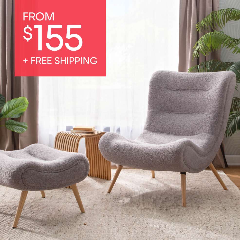 FROM $155 + FREE SHIPPING. A gray sherpa chair and ottoman set with wooden legs.

