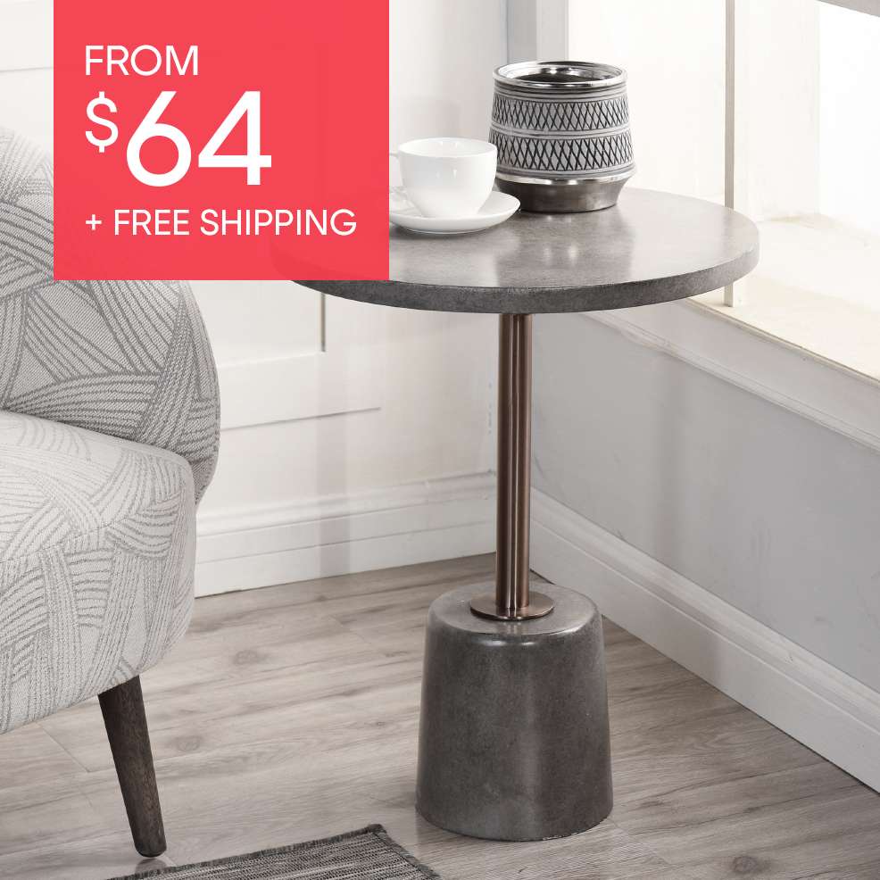 FROM $64 + FREE SHIPPING. A small, round side table with a concrete top and base.
