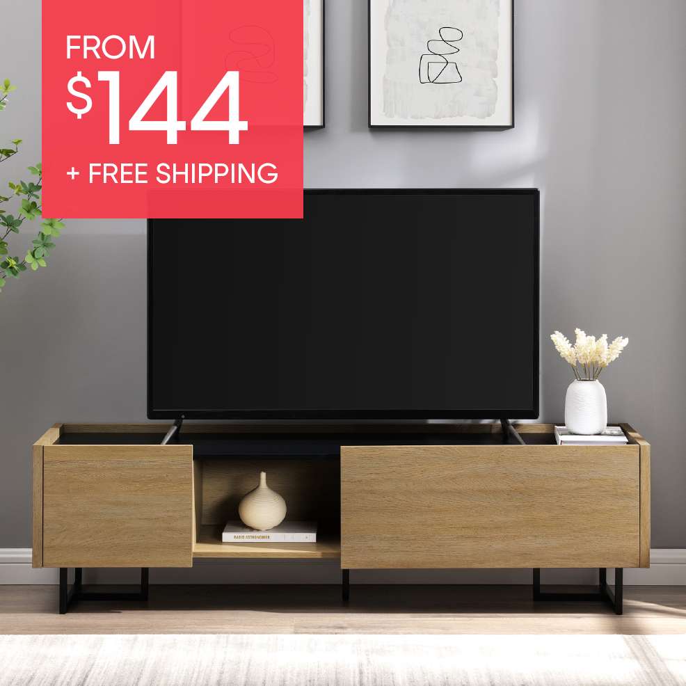 FROM $144 + FREE SHIPPING. A wooden TV stand with a black TV on top.
