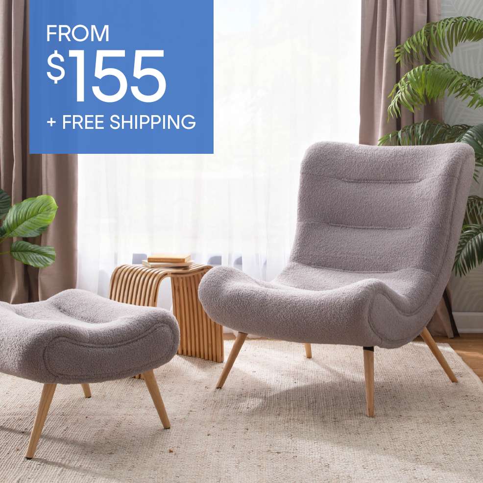 FROM $155 + FREE SHIPPING. A gray, fuzzy chair and ottoman set with wooden legs.

