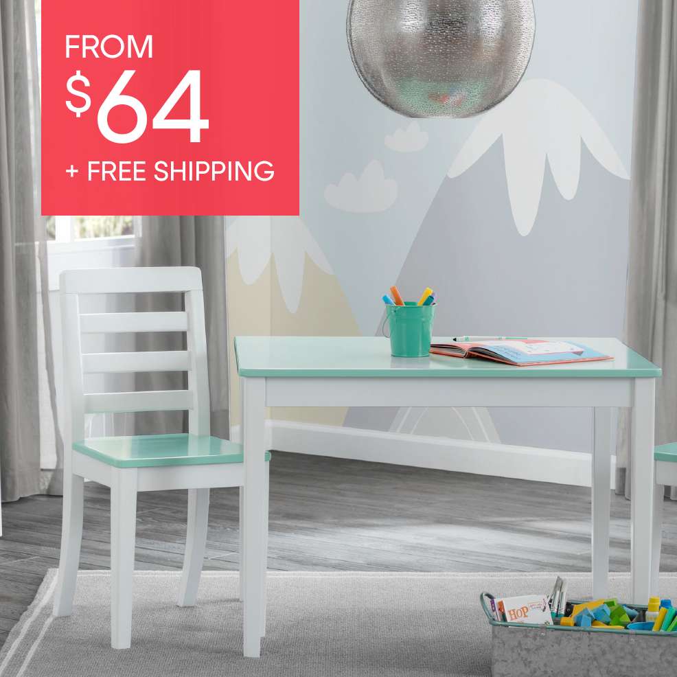 FROM $64 + FREE SHIPPING. A white and teal children's table and chair set.
