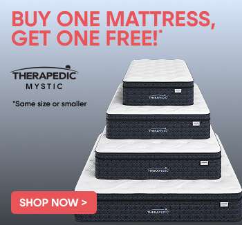 Buy one mattress, get one free. Image shows stacked mattresses of different sizes.

