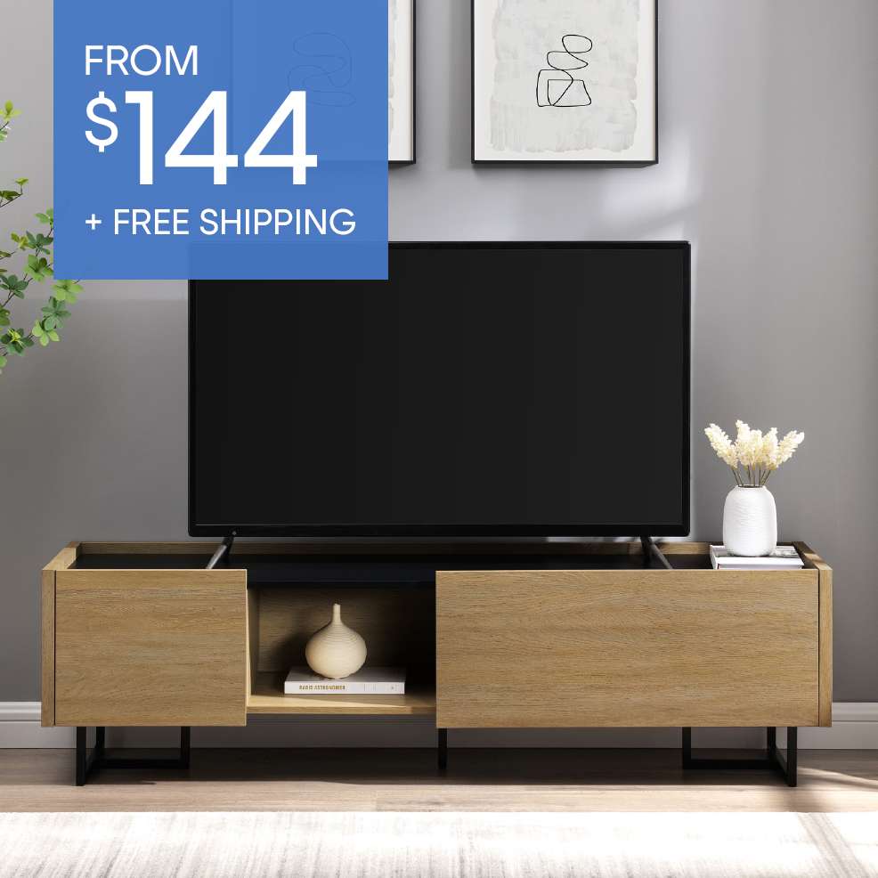 FROM $144 + FREE SHIPPING. A light brown TV stand with a black top and black legs.
