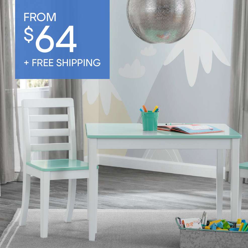 FROM $64 + FREE SHIPPING. A white and teal children's table and chair set.
