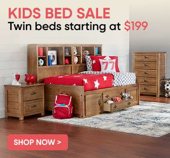 KIDS BED SALE: Twin beds starting at $199. Bedroom set with bed, nightstand, and dresser.
