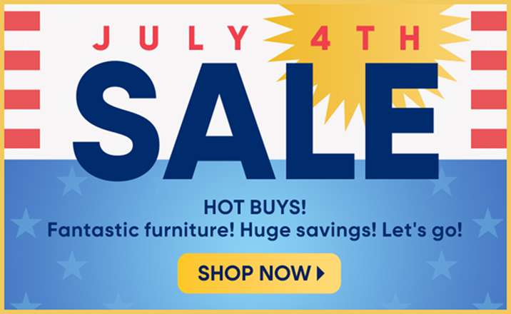 July 4th sale: "SALE" with "HOT BUYS!" and "SHOP NOW" button.
