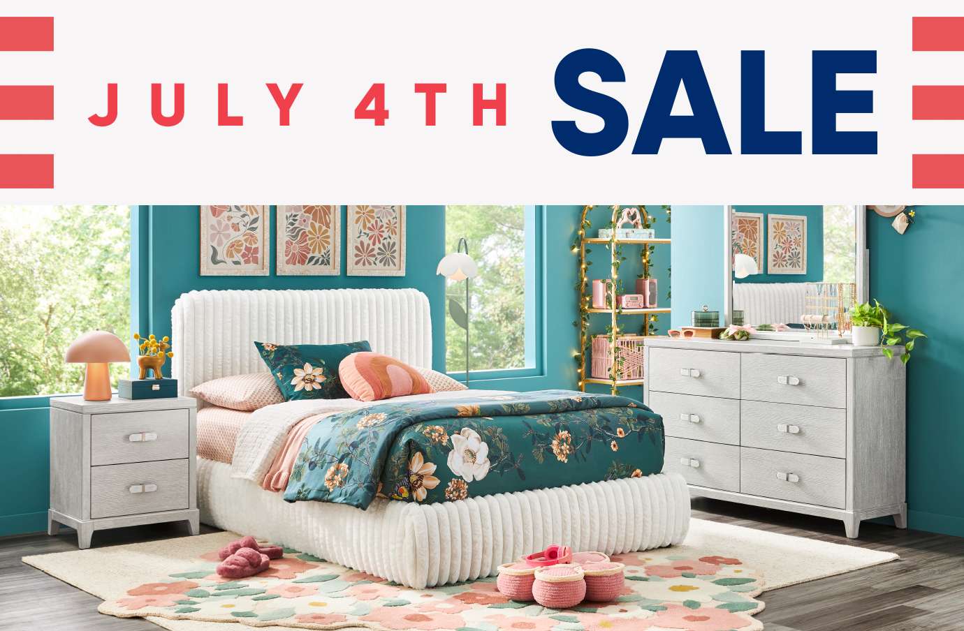 JULY 4TH SALE. Bedroom furniture set with floral bedding.
