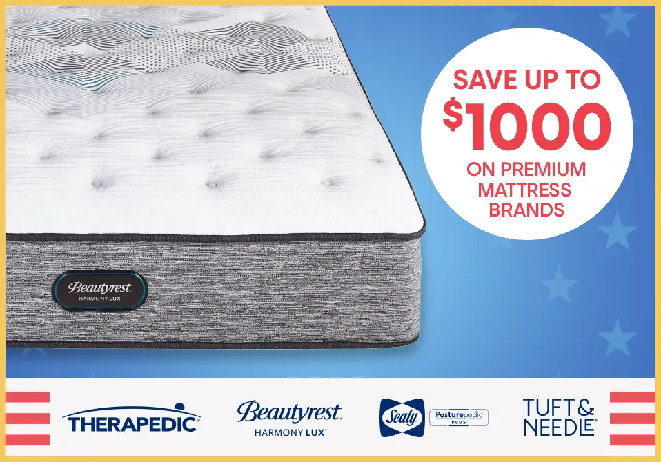 Save up to $1000 on premium mattress brands. A mattress is shown with the Beautyrest Harmony Lux logo.
