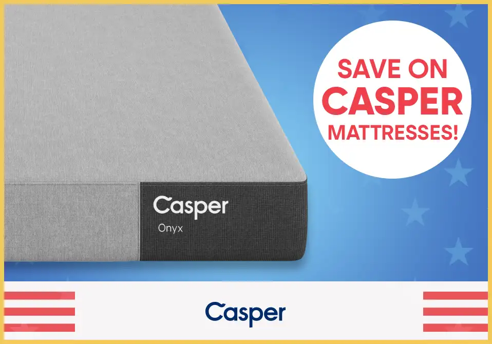 Save on Casper mattresses! A gray and black Casper Onyx mattress is shown.
