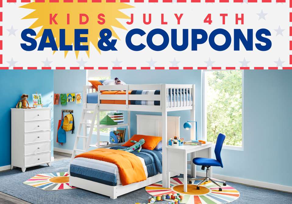 KIDS JULY 4TH SALE & COUPONS. A bedroom with a bunk bed and desk.
