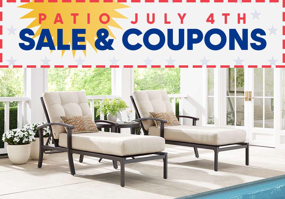 PATIO SALE & COUPONS. Two chaise lounges on a patio.
