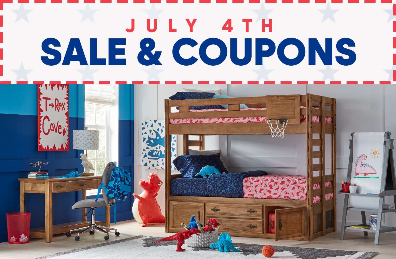 JULY 4TH SALE & COUPONS. A bedroom with a bunk bed, desk, and dinosaur decorations.

