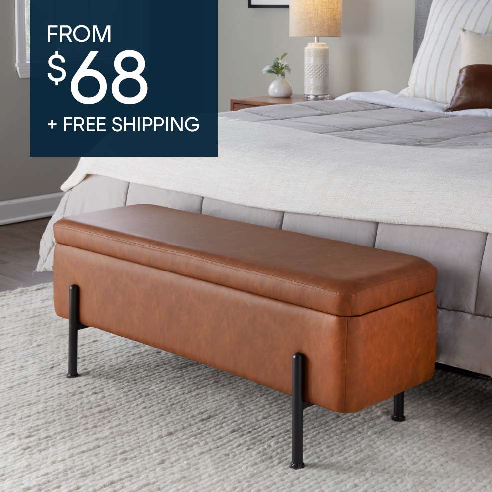 FROM $68 + FREE SHIPPING. Brown leather storage bench with black legs.
