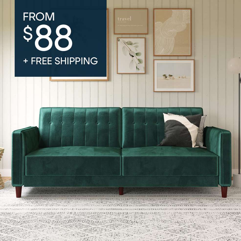 FROM $88 + FREE SHIPPING. A green velvet sofa.
