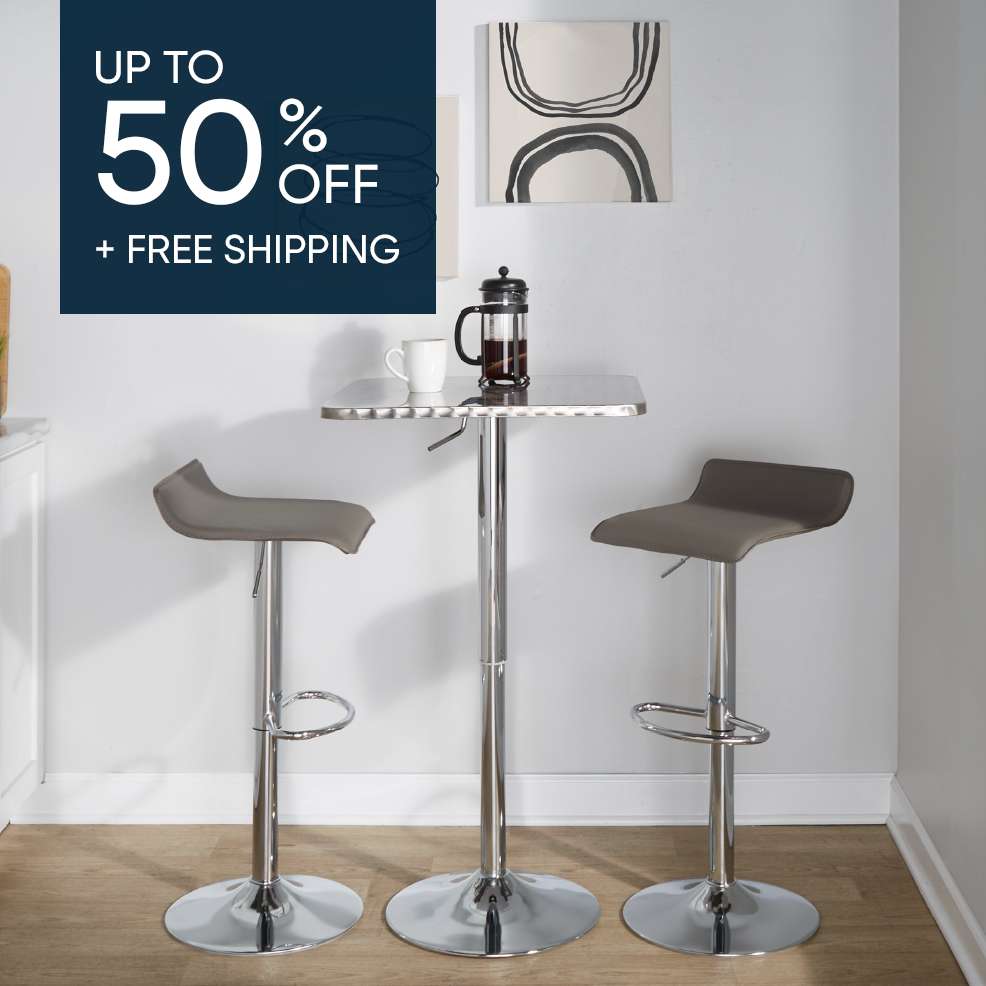 UP TO 50% OFF + FREE SHIPPING. A bar table with two stools.
