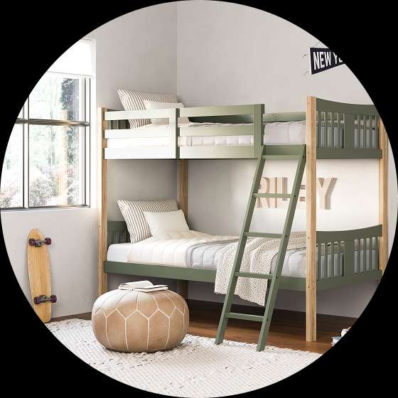 Green bunk bed in a bedroom.
