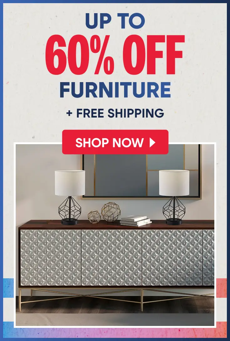 UP TO 60% OFF FURNITURE + FREE SHIPPING. A modern sideboard with geometric white doors and gold legs topped with two lamps.