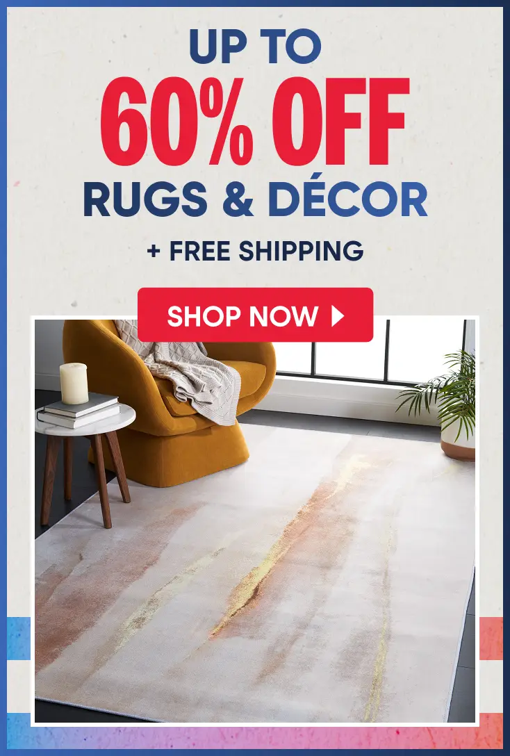 Up to 60% off rugs and décor plus free shipping. A modern living room scene featuring a rug with abstract gold accents.