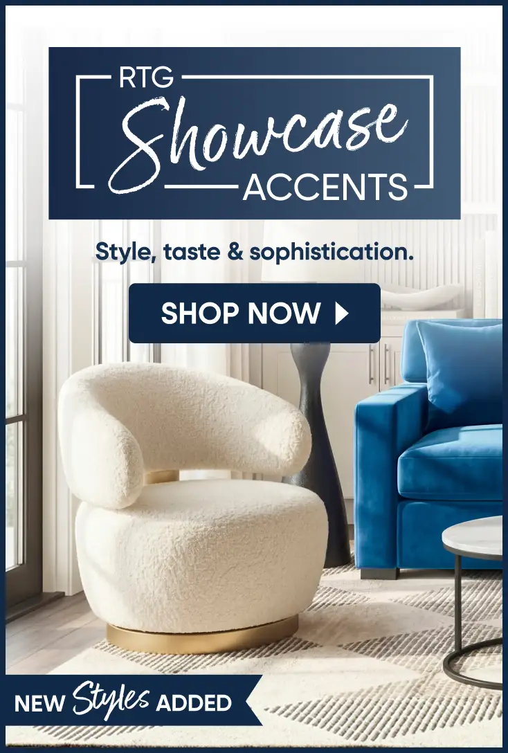RTG Showcase Accents: Style, taste & sophistication. Shop now. New styles added. A cream boucle chair and blue sofa.